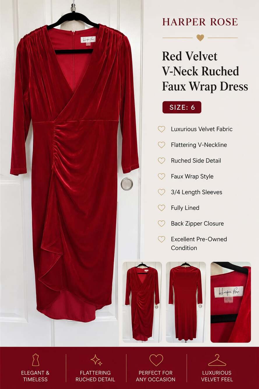 Harper Rose Red Velvet Long Sleeve Ruched Ruffle Midi Dress, Size 6